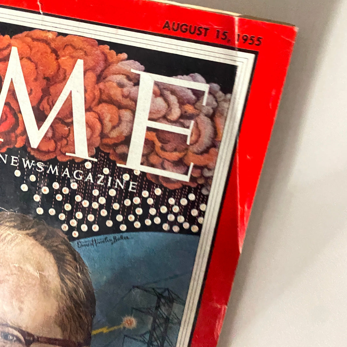 Close-up of the cover of VTG Time Magazine August 15, 1955 highlighting the title and unique design elements associated with the era.
