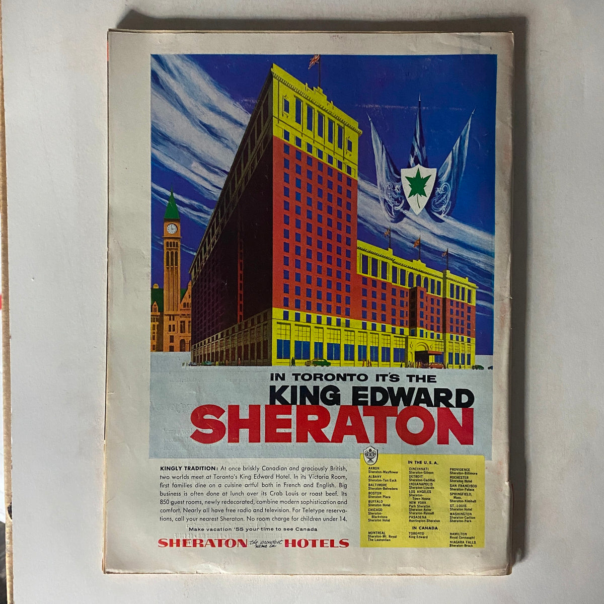 Back cover advertisement from Vintage Time Magazine July 25, 1955 Vol 66 No. 4 Nikolai Bulganin, showcasing the King Edward Sheraton hotel in Toronto with vibrant graphics.