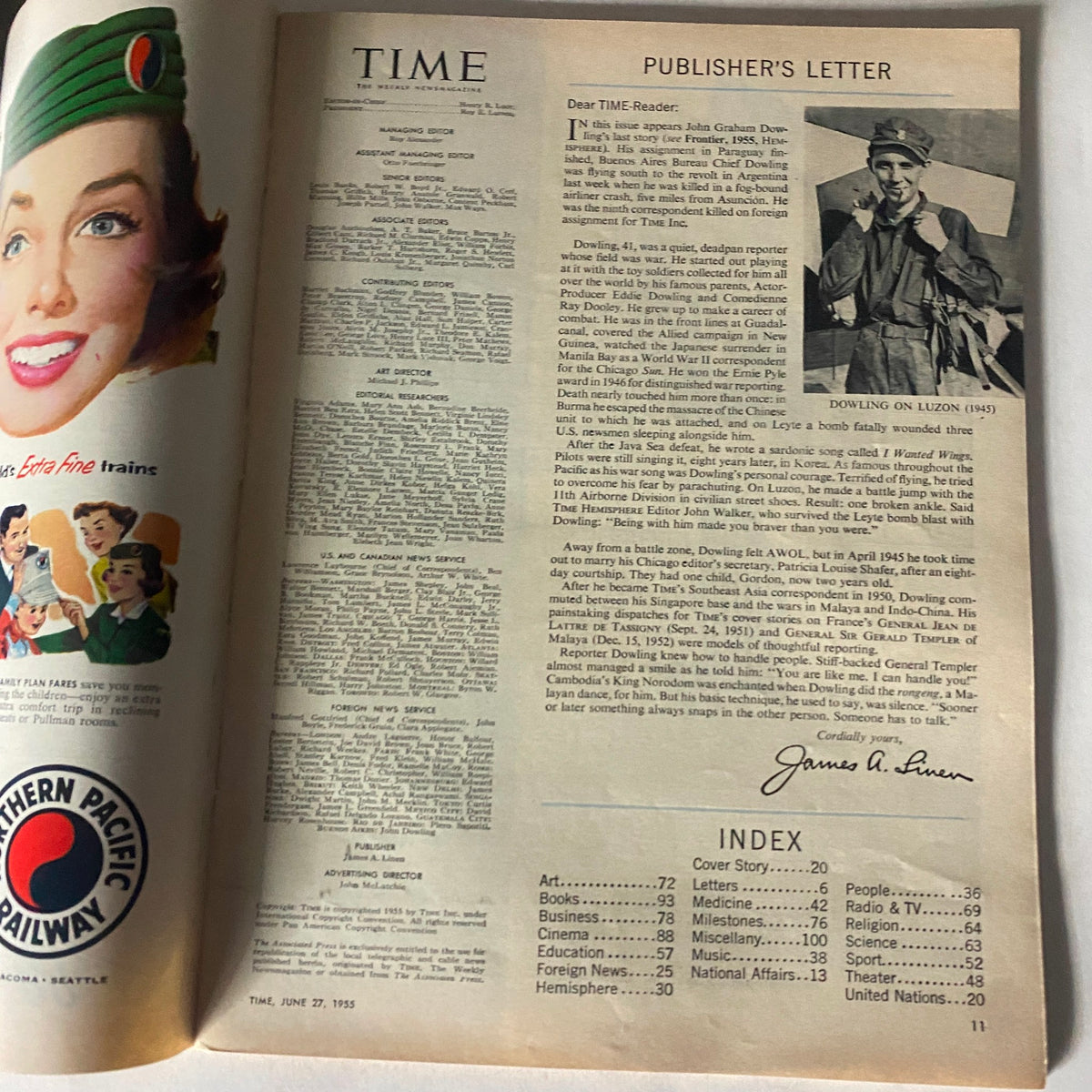 Publisher's letter from VTG Time Magazine June 27, 1955 Vol 65 No. 26 featuring insights from the editorial team.