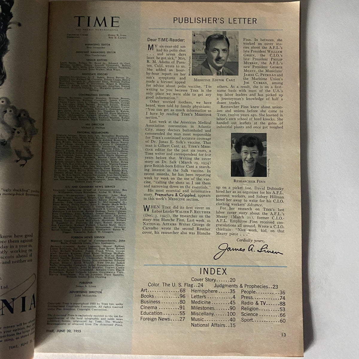 Page inside the June 20, 1955 issue of Time Magazine, including the publisher's letter and index, highlighting historical content.