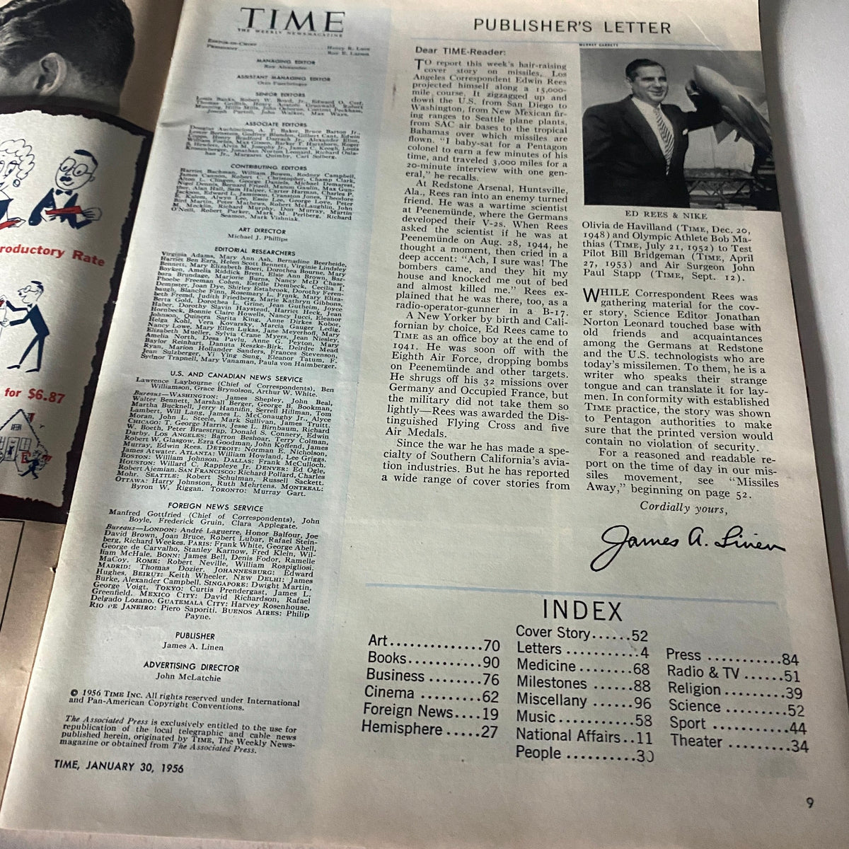 Inside page of the Vintage Time Magazine January 30, 1956 Vol 67 No. 5 showing publisher's letter and index, providing insights into the magazine's rich historical content.