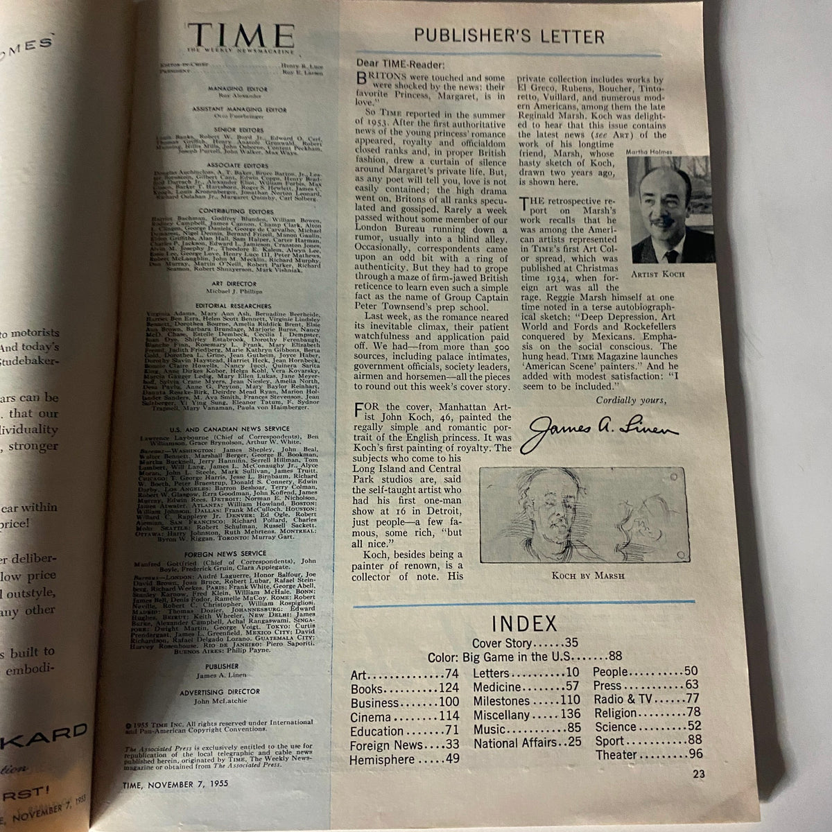 Inside page of VTG Time Magazine November 7, 1955, includes the publisher's letter and index of articles featuring mid-20th century topics.