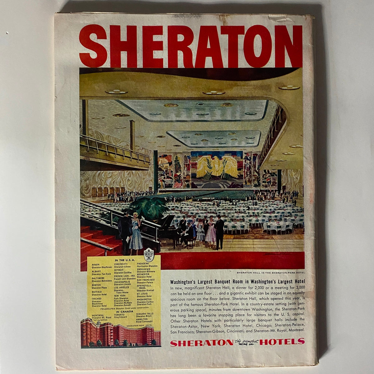 Vintage advertisement from Time Magazine November 7, 1955 featuring Sheraton Hotels, showcasing the grand banquet room at Washington's largest hotel, with a detailed illustration and event seating layout.
