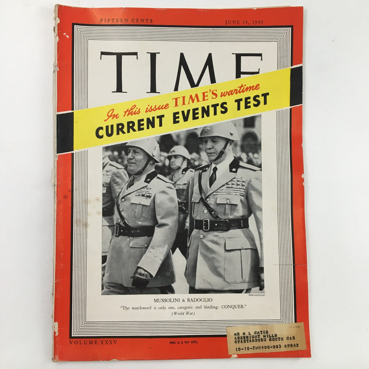 Cover of Time Magazine from June 24, 1940 featuring Benito Mussolini and Pietro Badoglio, showcasing a historical snapshot of wartime events.