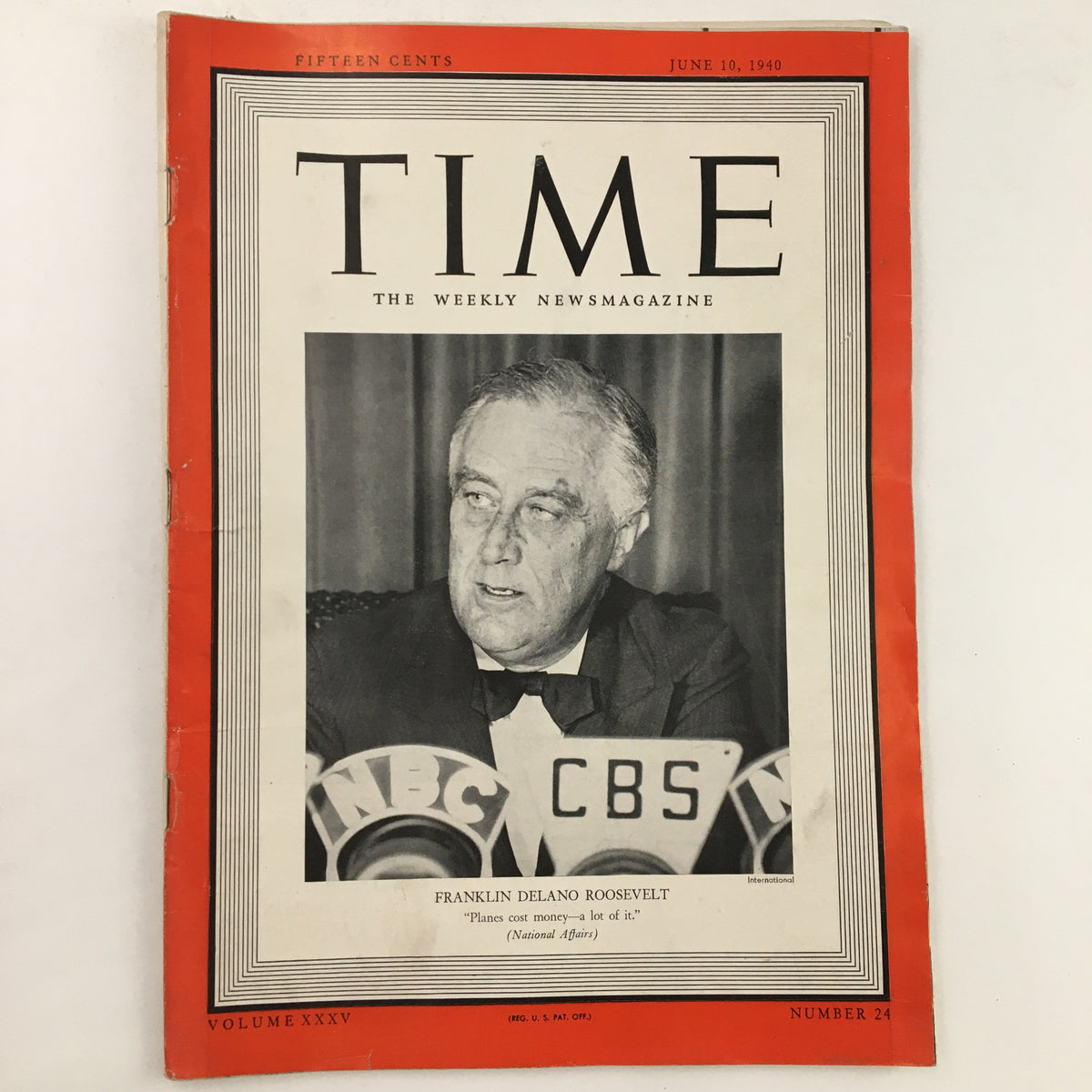 Time Magazine June 10 1940 Vol. 35 No. 24 featuring a photograph of Franklin Delano Roosevelt at a press conference, highlighting his leadership during World War II.