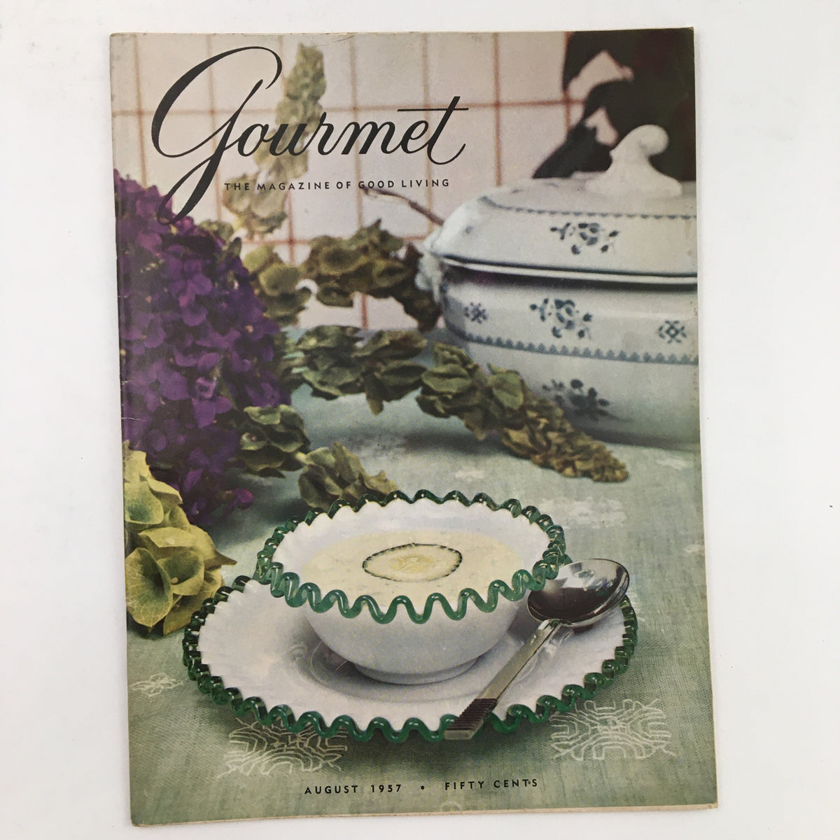 Gourmet Magazine August 1957 Vol. 17 No. 8 cover featuring an elegant soup presentation with decorative flowers.