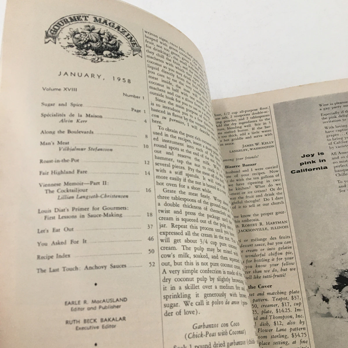 Inside page of Gourmet Magazine January 1958 Vol. 18 No. 1 displaying the table of contents with various culinary articles and features.