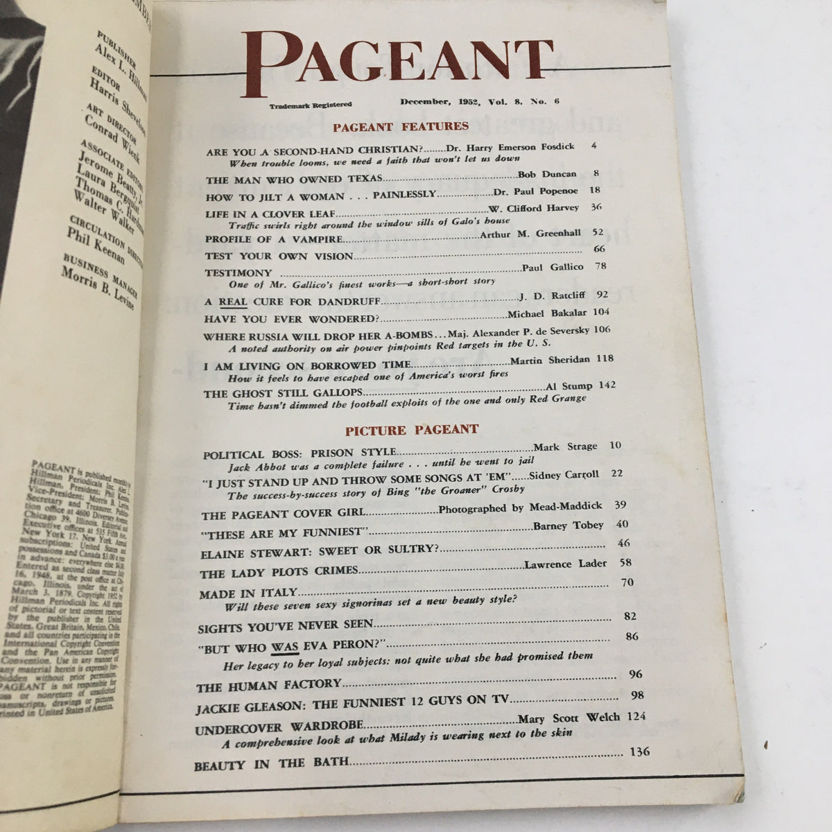 Table of contents for Pageant Magazine, December 1952, Vol. 8 No. 6, listing features including 'The Ghost Still Gallops' and various cultural reflections from the 1950s. This page provides insight into the magazine's content and themes.