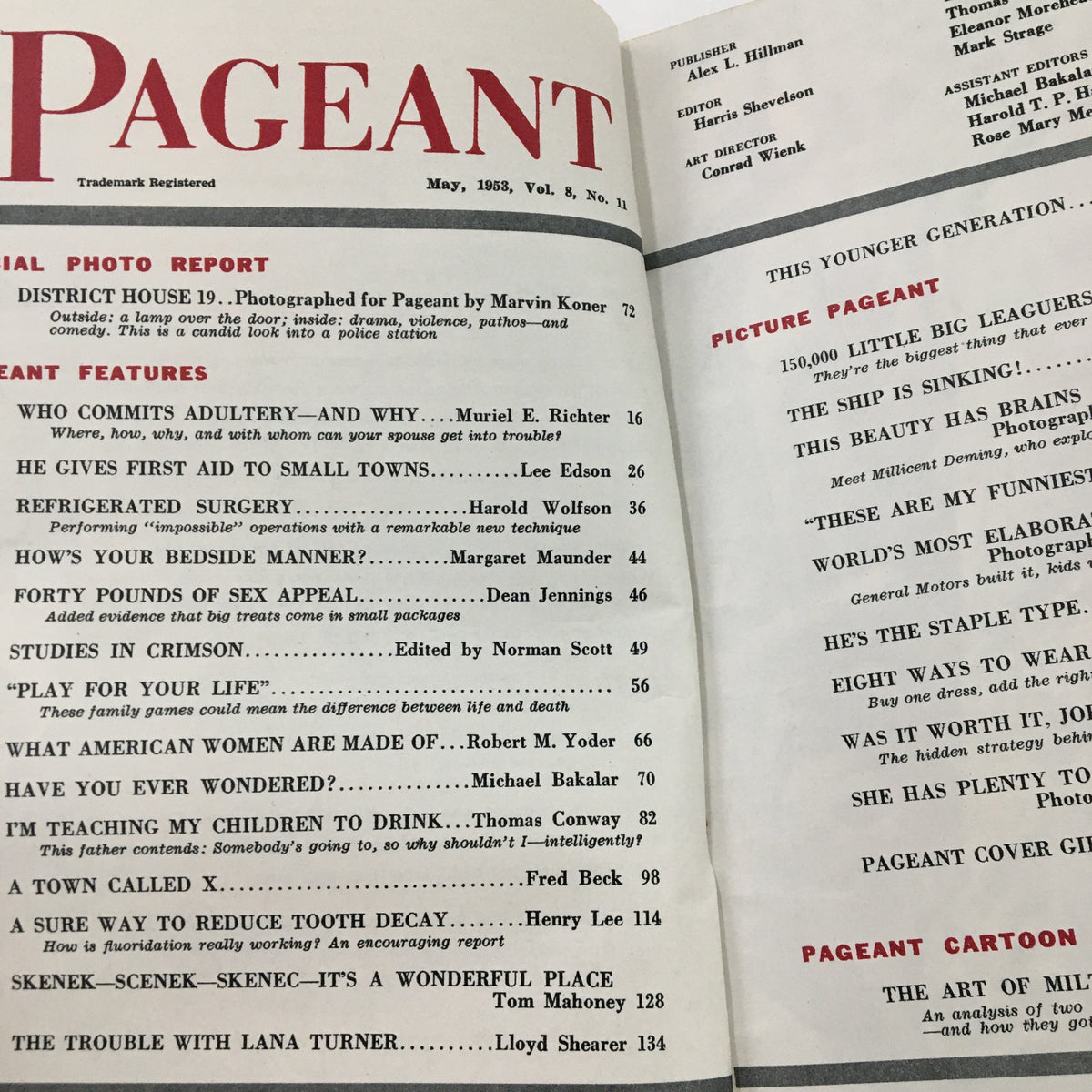 Interior page from Pageant Magazine, May 1953, Vol. 8 No. 11, highlighting the table of contents with sections including 'Who Commits Adultery and Why' and various notable articles of the era.