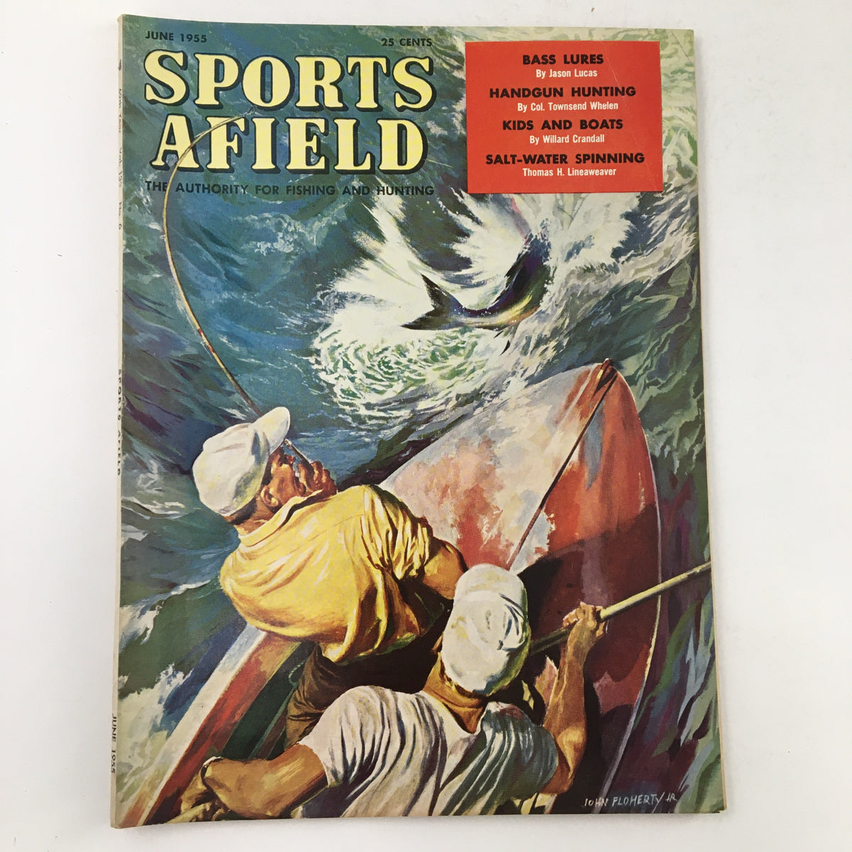 Cover of Sports Afield Magazine June 1955, Volume 133, Number 6, featuring fishermen in a boat catching a fish, highlighting articles on fishing techniques and outdoor adventures.