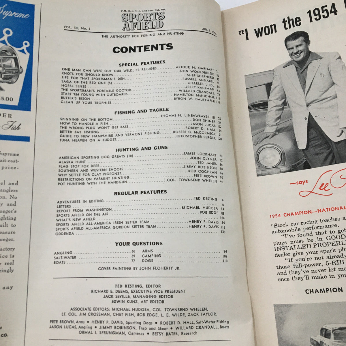 Contents page of Sports Afield Magazine June 1955, Volume 133, Number 6, featuring articles and topics on fishing, hunting, and outdoor adventures.