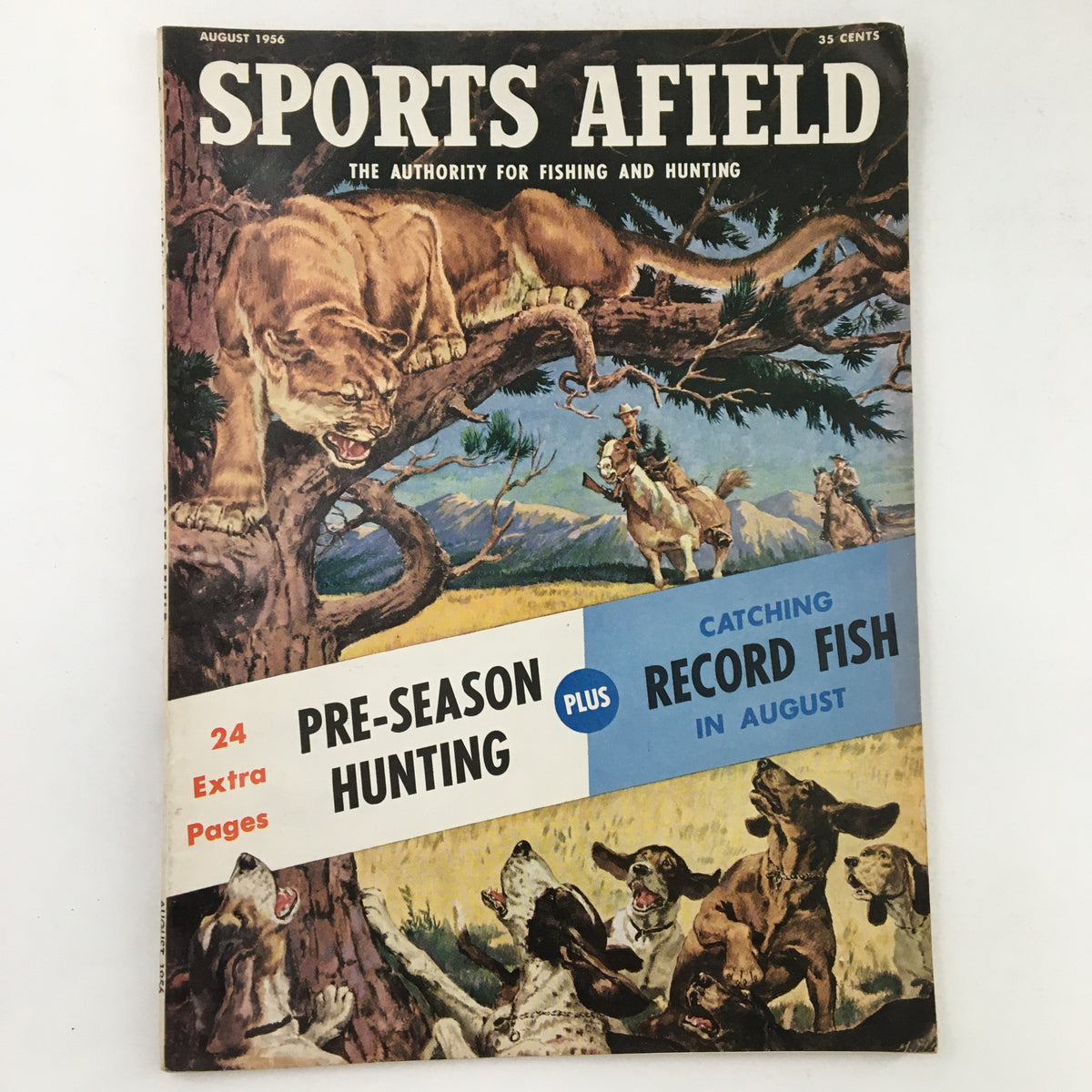 Cover of Sports Afield Magazine August 1956 featuring artworks of a lion, horses, dogs, and a scenic hunting theme. The title prominently displays 'PRE-SEASON HUNTING plus catching RECORD FISH in AUGUST'. Perfect for collectors of vintage hunting publications.