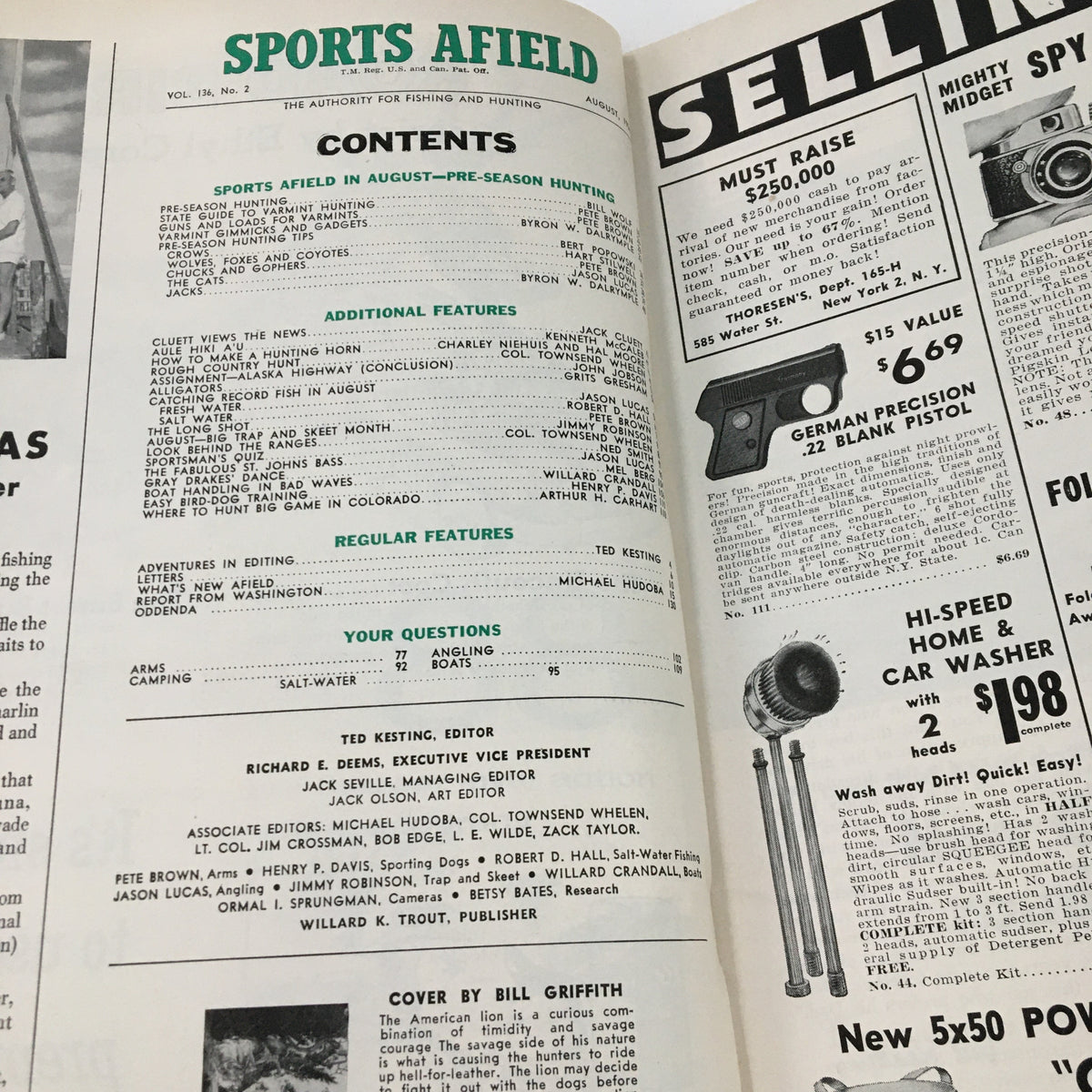 Interior page of Sports Afield Magazine August 1956 showcasing the contents section, detailing articles on pre-season hunting and fishing. Ideal for enthusiasts looking for insights into vintage sporting culture.