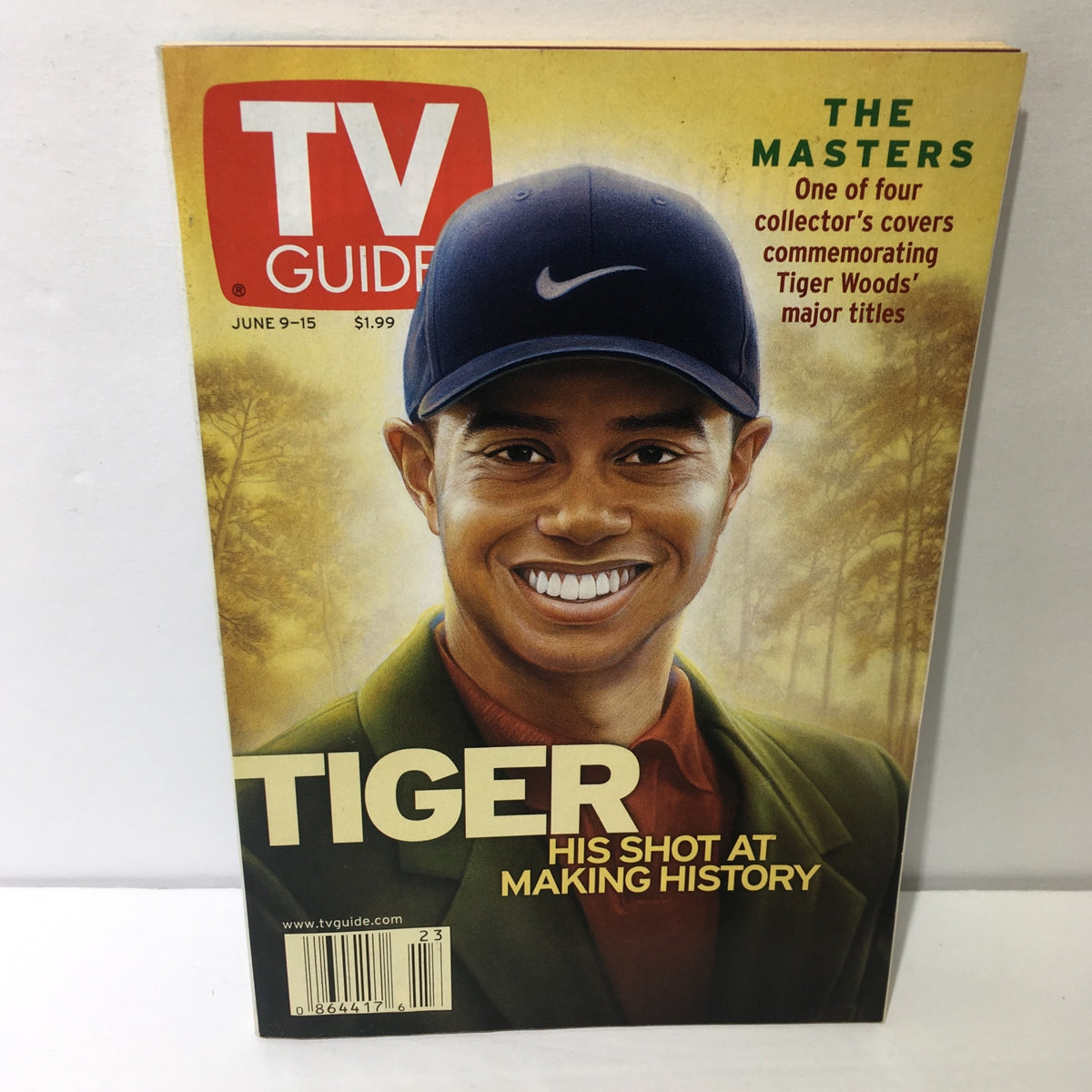Cover of TV Guide from June 9-15, 2001 featuring Tiger Woods, showcasing his portrait alongside the headline 'His Shot at Making History' and promotional text for The Masters.