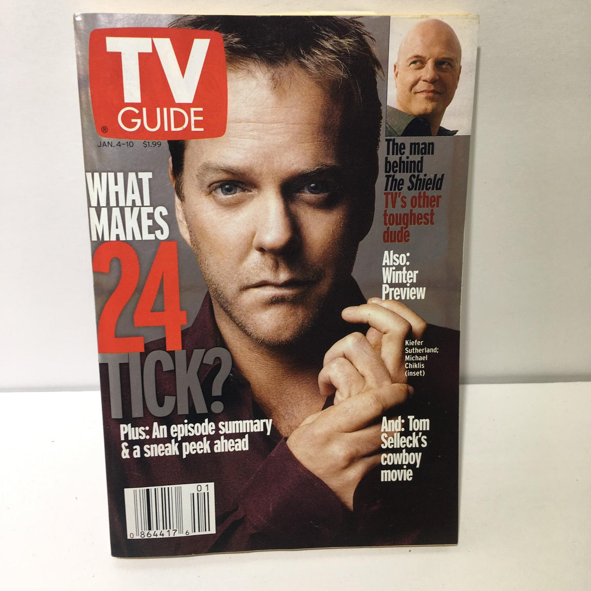 Cover of TV Guide Jan 4-10, 2003 featuring Kiefer Sutherland and Michael Chiklis, focusing on the theme 'What Makes 24 Tick'.