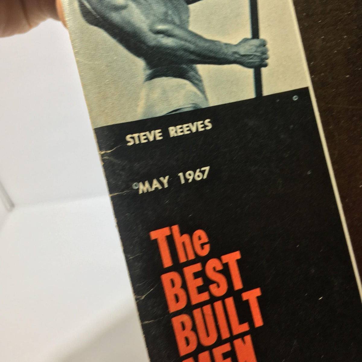 Close-up of the title banner from Muscular Development Magazine May 1967 featuring Steve Reeves and details about the issue.