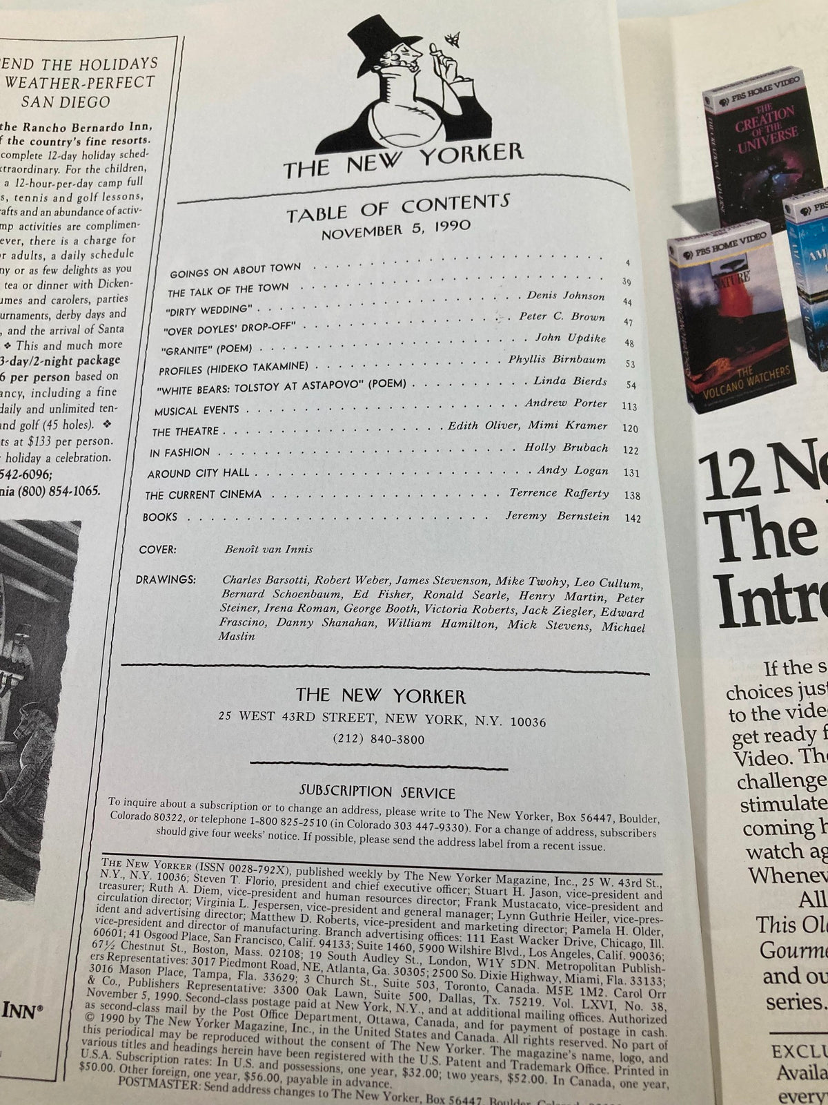 Table of contents page from The New Yorker magazine, November 5, 1990, listing featured articles and illustrations, reflecting the editorial style of the era.