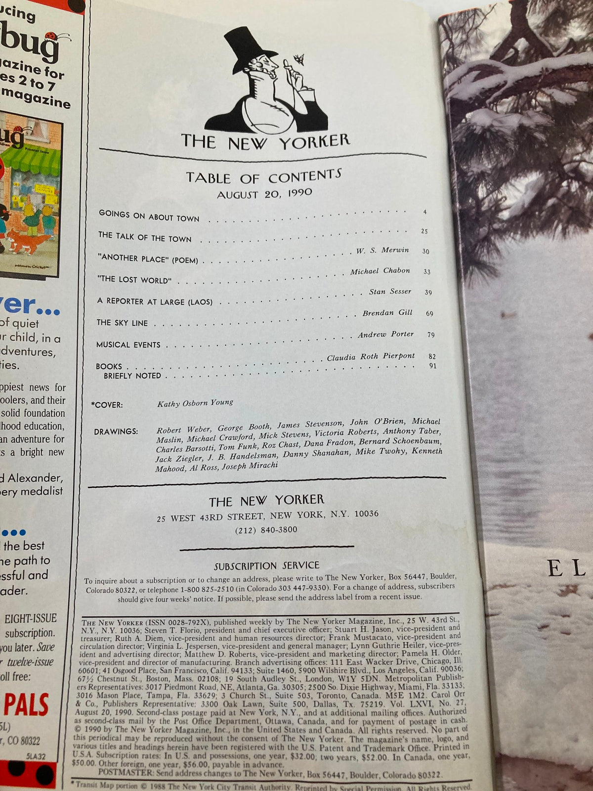 Table of Contents from The New Yorker magazine, dated August 20, 1990, featuring article titles and authors, including the cover art by Kathy O Young.