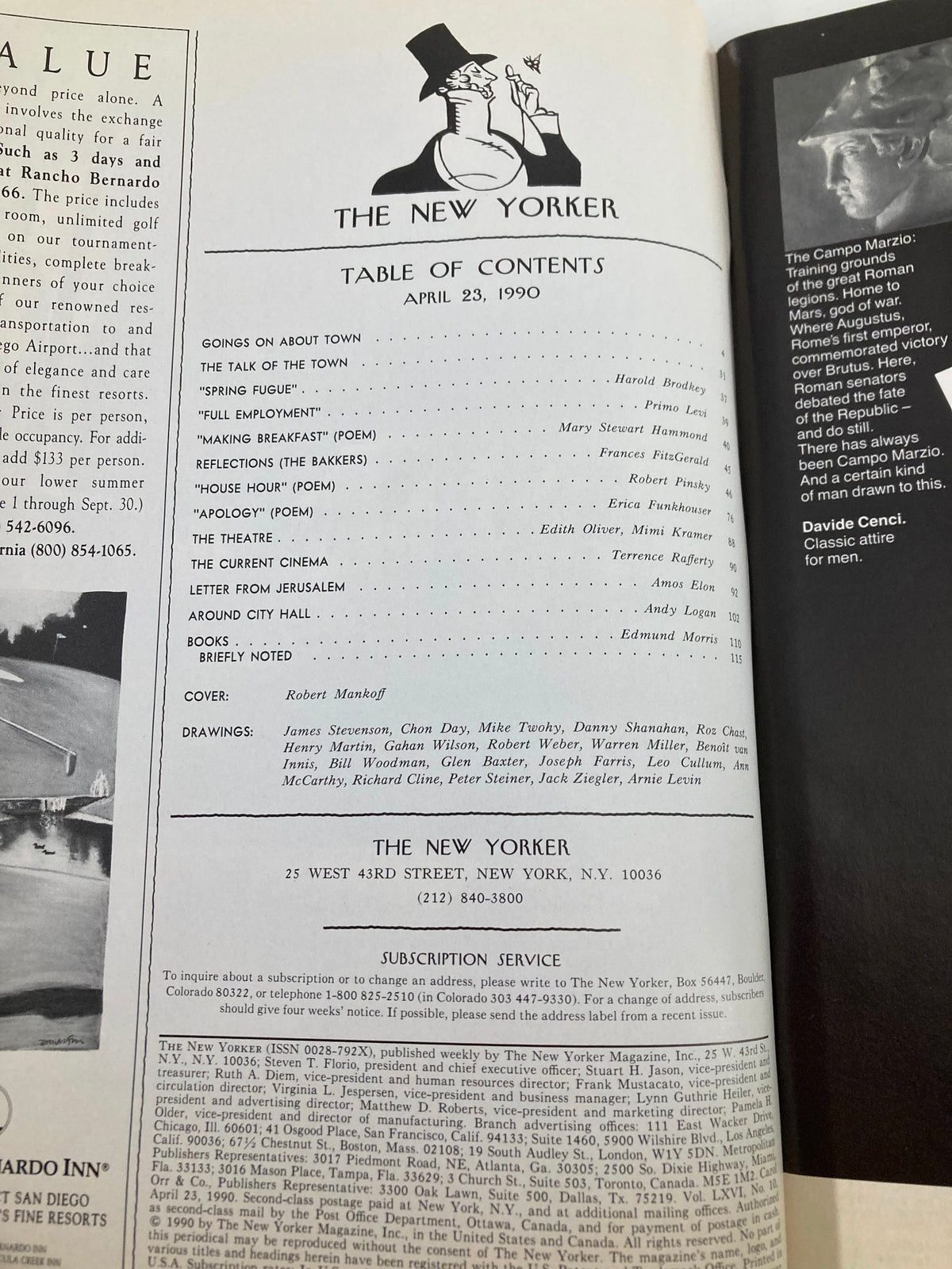 Table of contents page from The New Yorker Full Magazine April 23 1990, listing articles and features along with the cover artist Robert Mankoff's name.
