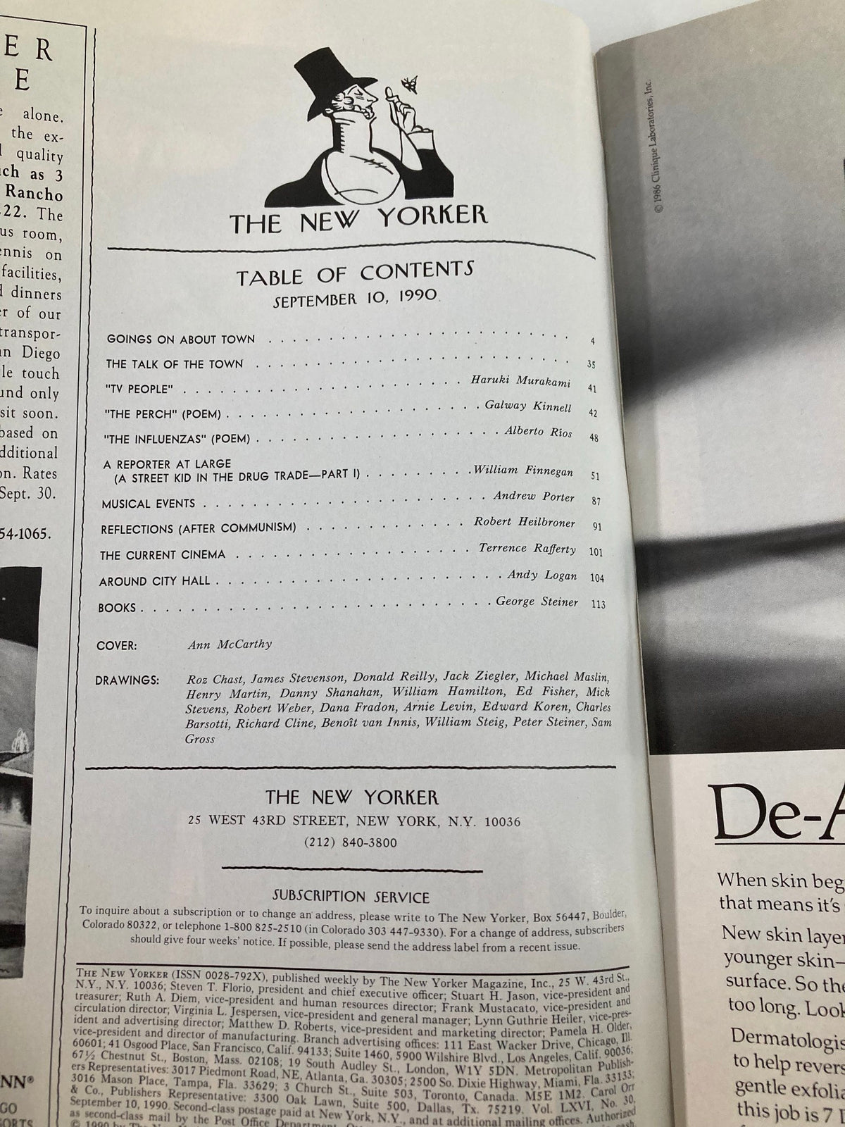 Table of contents page from The New Yorker Full Magazine September 10, 1990, listing articles and contributors including cover by Ann McCarthy.