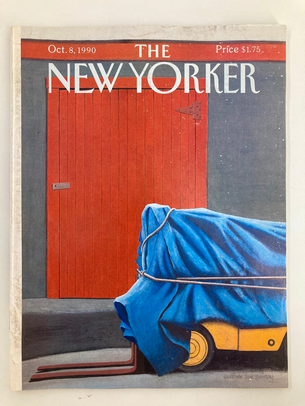 Cover of The New Yorker magazine from October 8, 1990, featuring the artwork 'Forklift' by Gretchen Dow Simpson, showcasing a bright red door and a blue tarp covering a forklift.