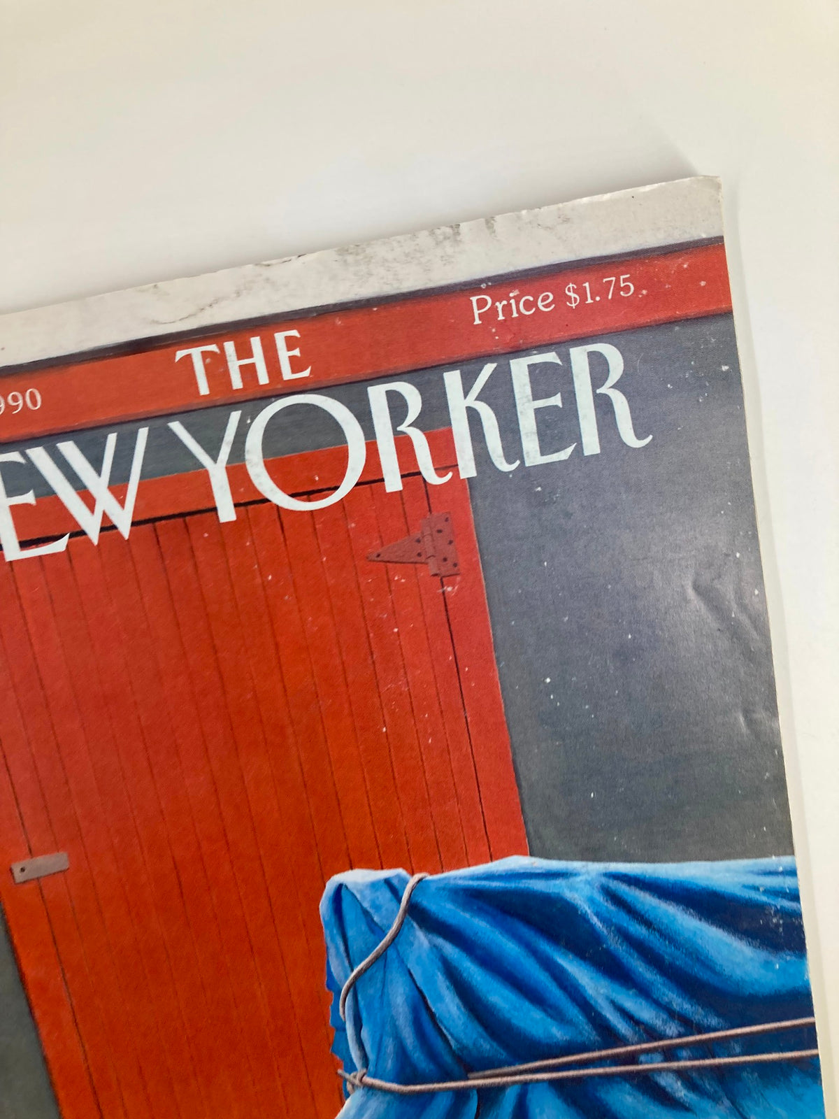 Close-up view of the cover of The New Yorker Full Magazine October 8 1990 featuring the artwork 'Forklift' by Gretchen Dow Simpson, showcasing price and magazine title.