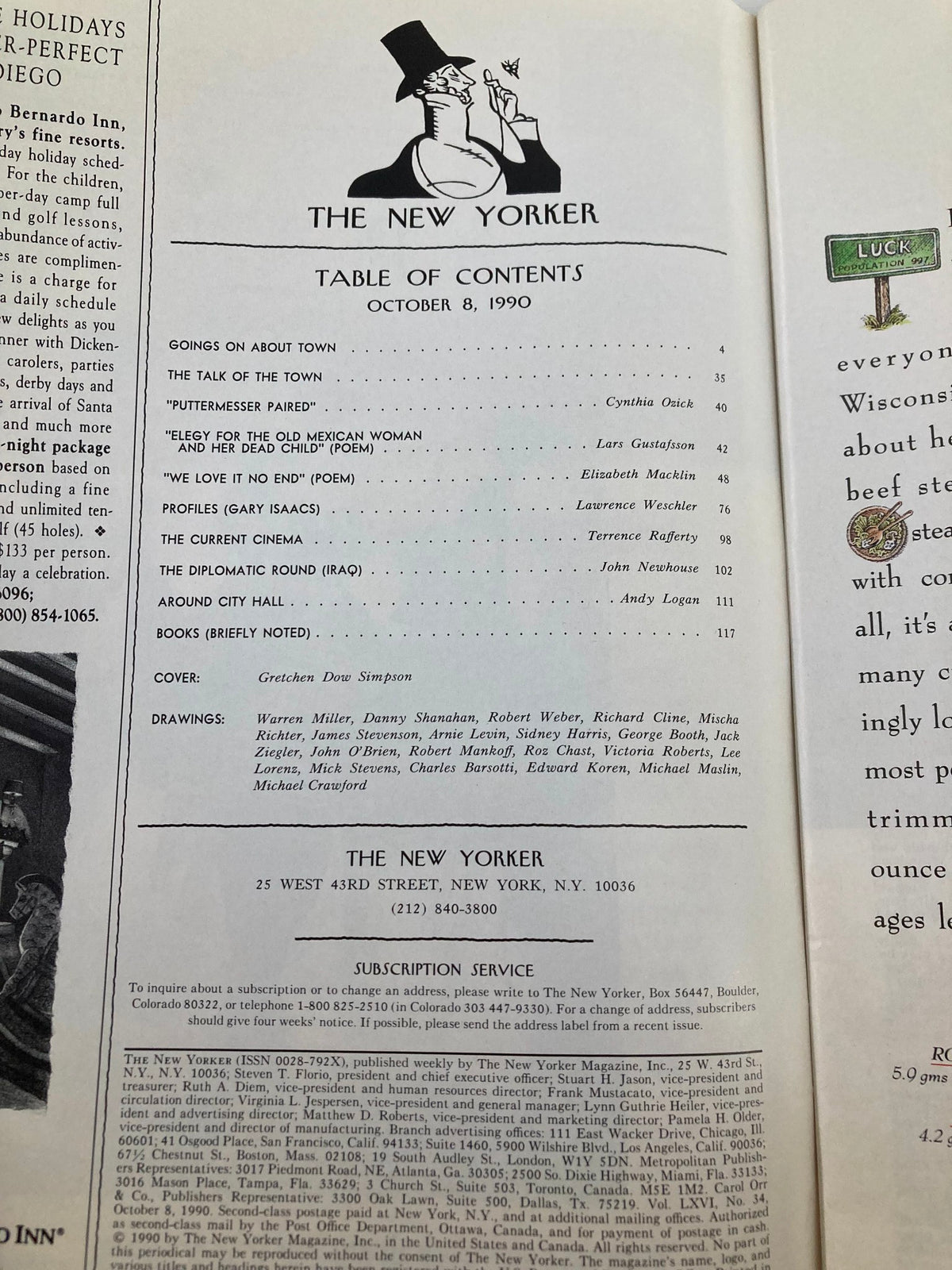 Page displaying the table of contents of The New Yorker Full Magazine October 8 1990, with articles and illustrations including cover credits to Gretchen Dow Simpson.