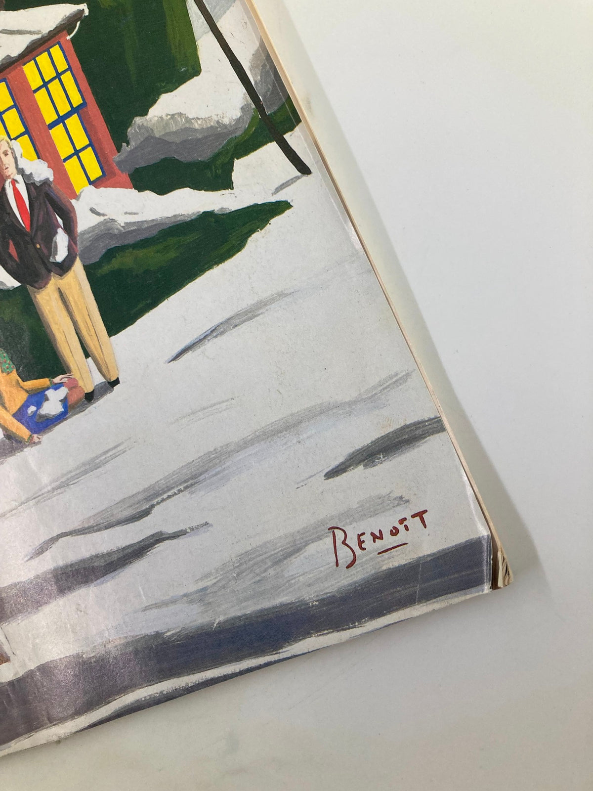 Close-up of 'Snow Fight' cover artwork from The New Yorker magazine February 5 1990 by Benoit van Innis, showcasing the artist's signature and details of the snowy landscape.