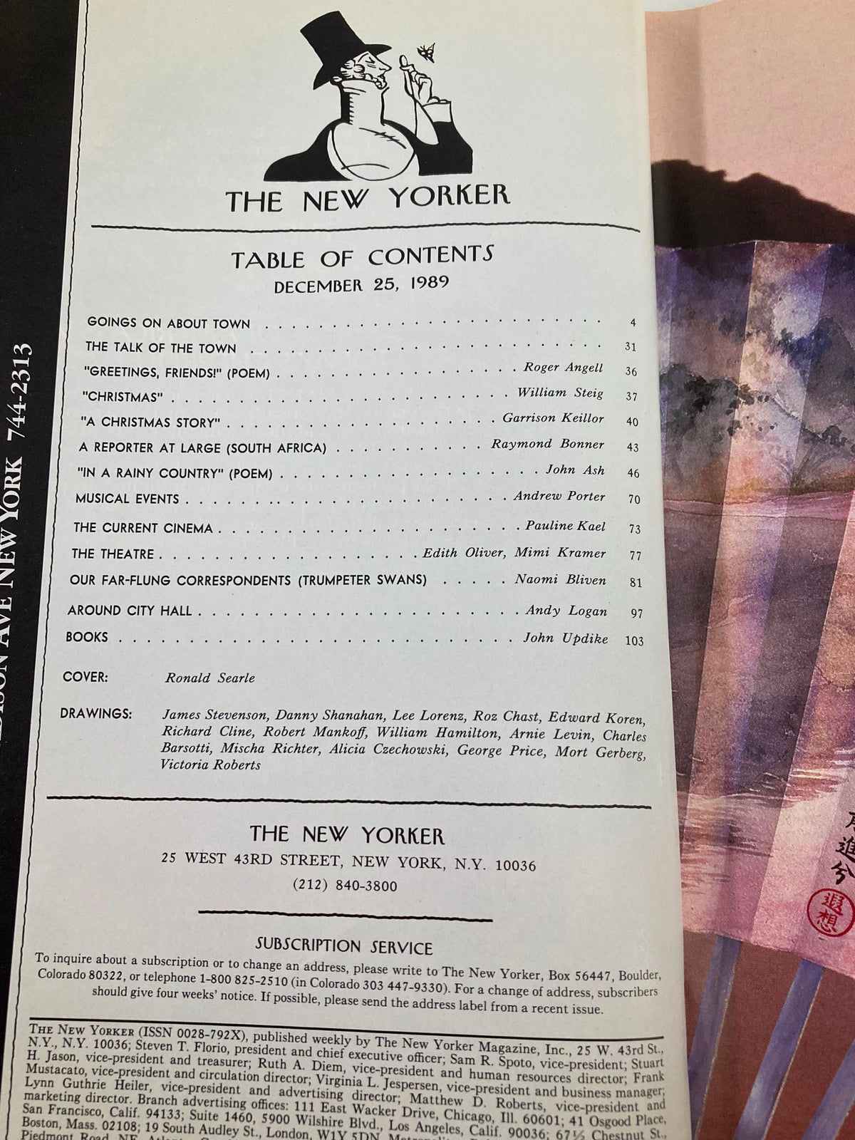Table of contents page from The New Yorker magazine, December 25, 1989, featuring the title and contributors for this Christmas issue, highlighting cover art by Ronald Searle.