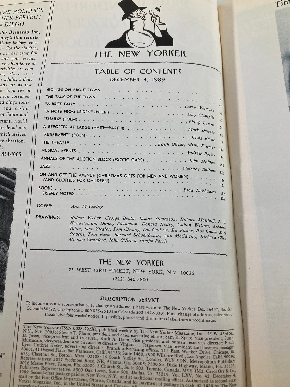 Inside page of The New Yorker Full Magazine December 4 1989 showing the table of contents, featuring contributions from various authors and the cover artist Ann McCarthy.
