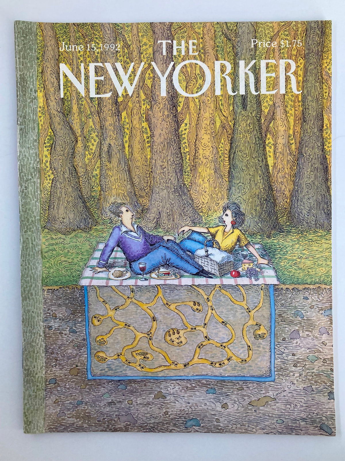 The New Yorker Full Magazine June 15 1992 Cover featuring whimsical illustration of a picnic scene above ants by John O'Brien, showcasing a unique artistic style.