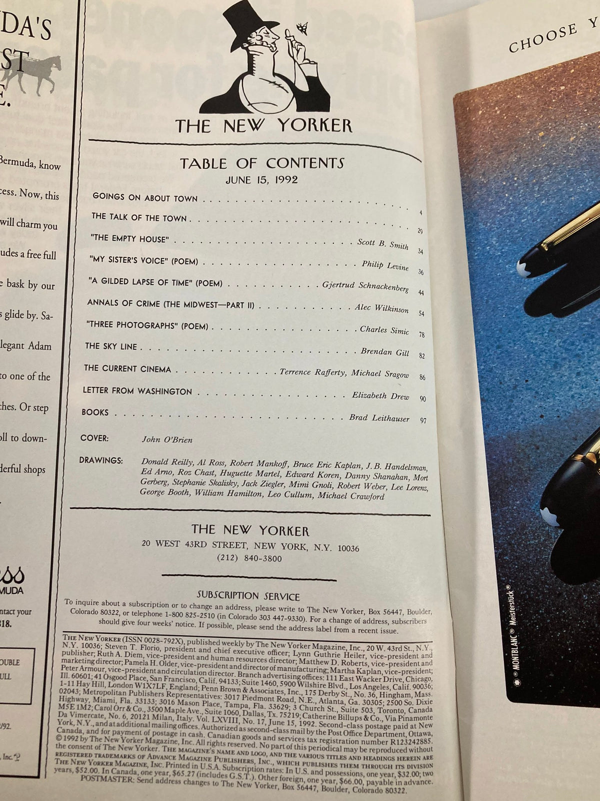 Table of Contents page from The New Yorker Full Magazine June 15 1992, featuring articles, poems, and cover details by John O'Brien.