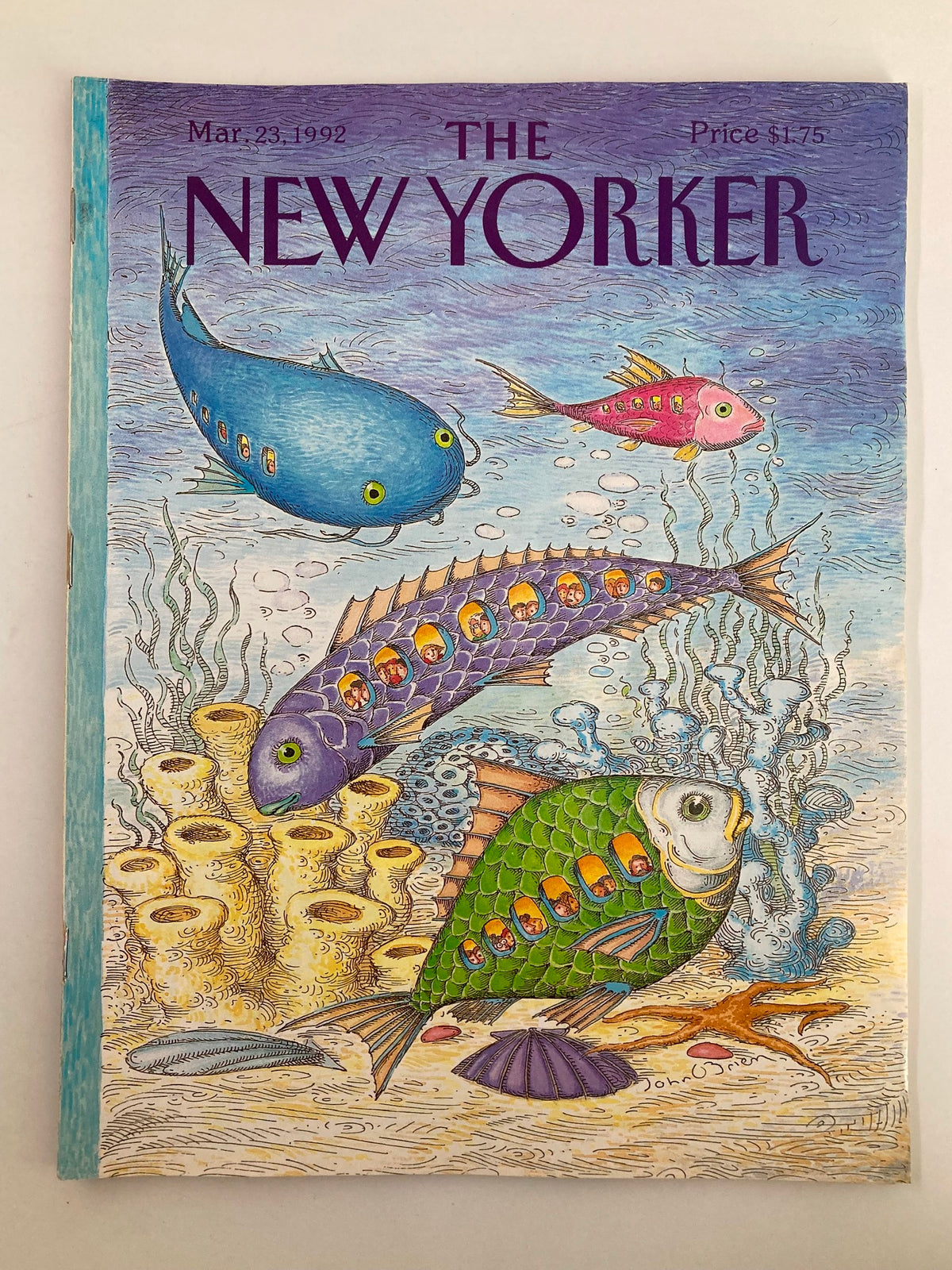 The New Yorker Full Magazine March 23 1992 features an illustrated cover showcasing colorful underwater fish in an artistic style by John O'Brien. The vibrant artwork captures the essence of an underwater tour.