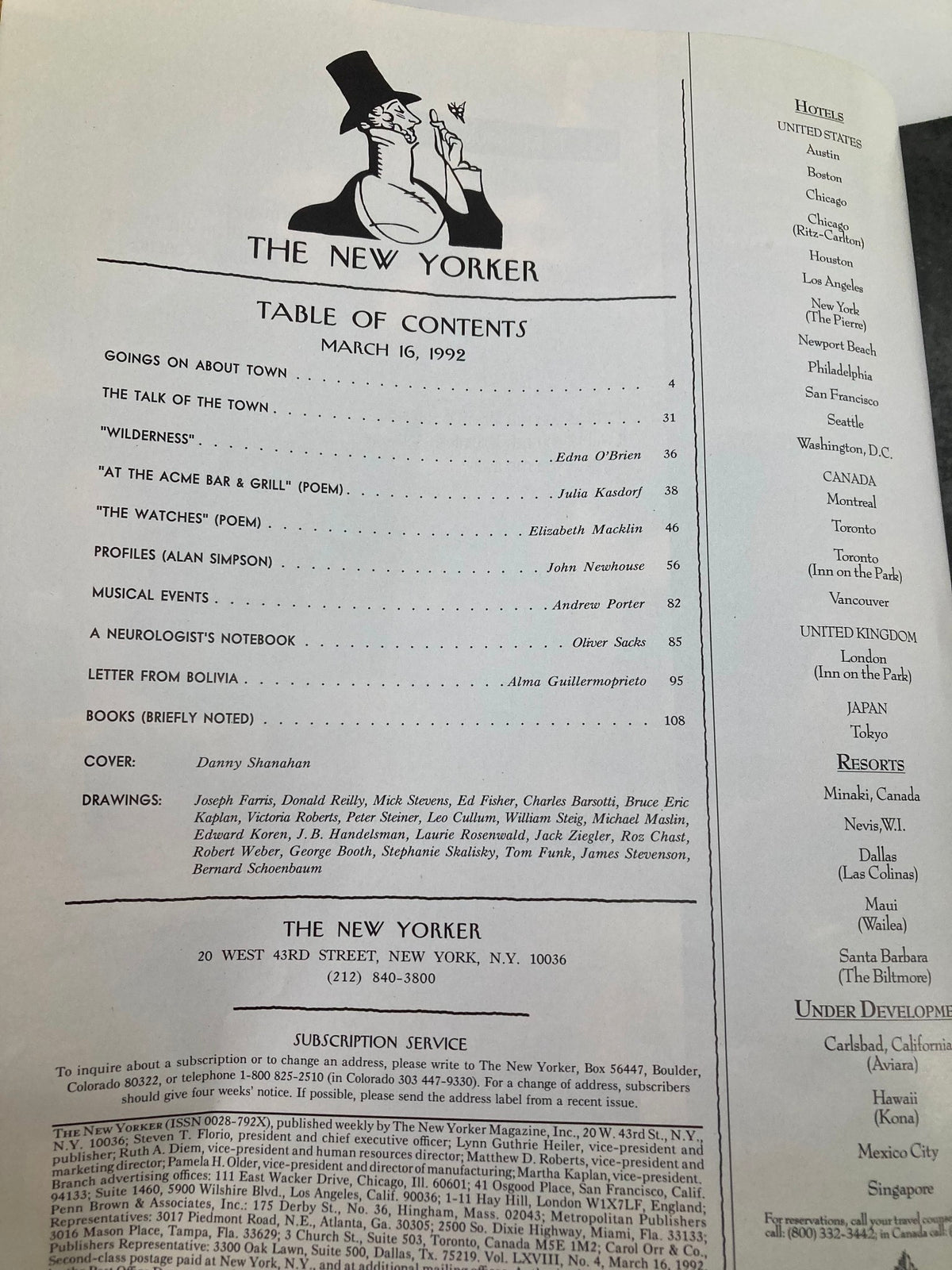 Table of contents page from The New Yorker Full Magazine March 16 1992, listing articles and features, with cover art credited to Danny Shanahan.