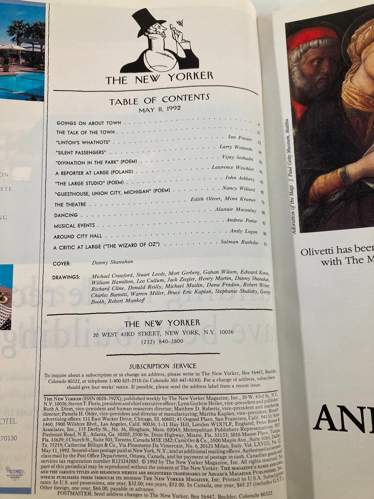 Table of contents from The New Yorker Full Magazine May 11 1992, showcasing featured articles and artwork, including the cover by Danny Shanahan.