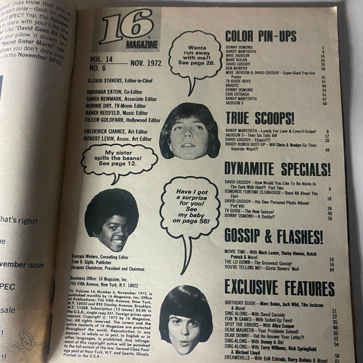 Inside page of VTG 16 Magazine November 1972 showcasing editorial details and images of teen idols, including Michael Jackson.