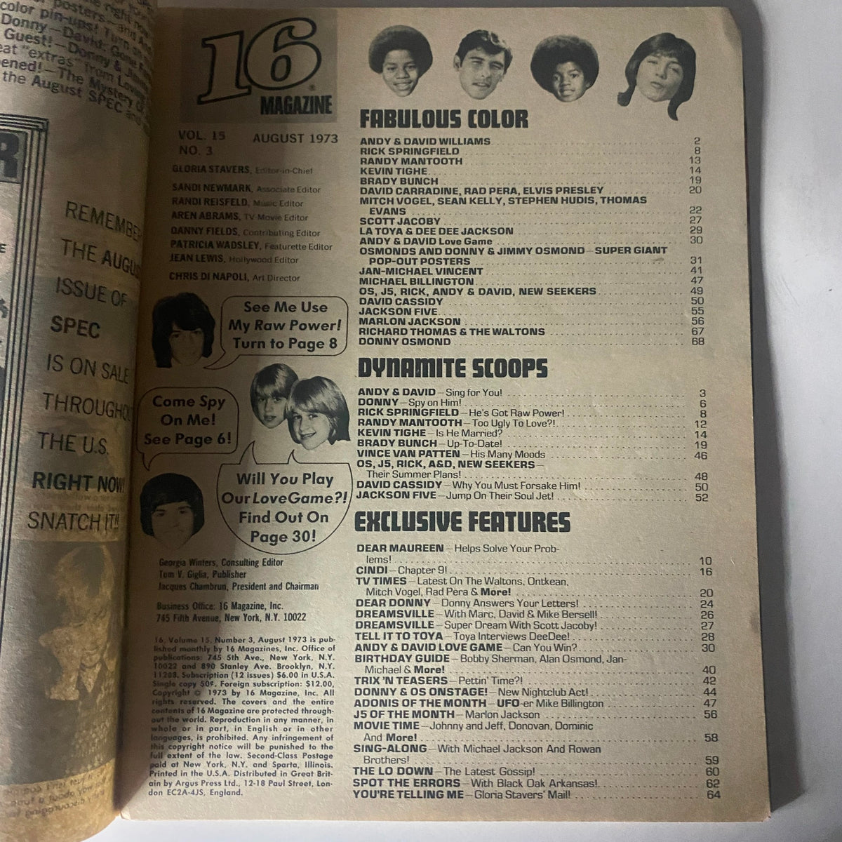 Inside page of VTG 16 Magazine August 1973 showcasing the magazine's table of contents, listing features like Rick Springfield and various articles about popular music and television personalities of the time.