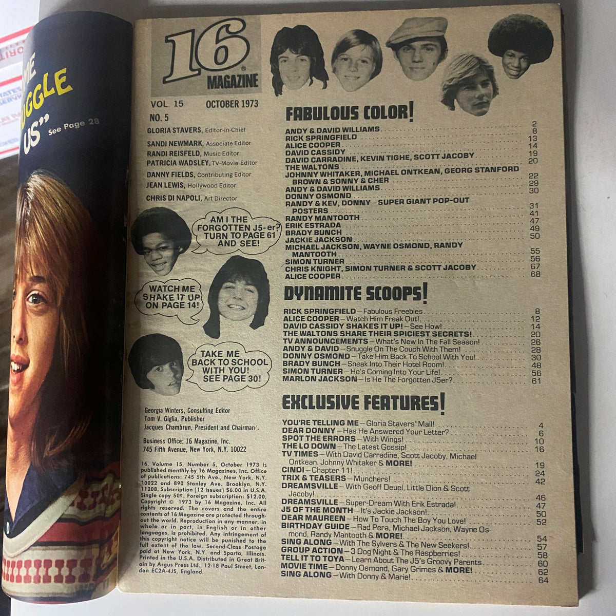 Inside page from VTG 16 Magazine October 1973 listing articles, featured celebrities, and content highlights, delivering a glimpse into 1970s pop culture.