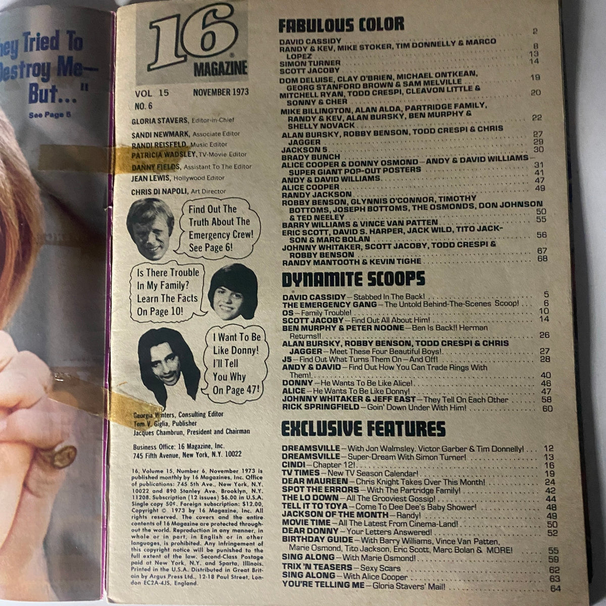 Table of contents from VTG 16 Magazine November 1973 showcasing articles on David Cassidy, Simon Turner, and others, highlighting the magazine's engaging features.