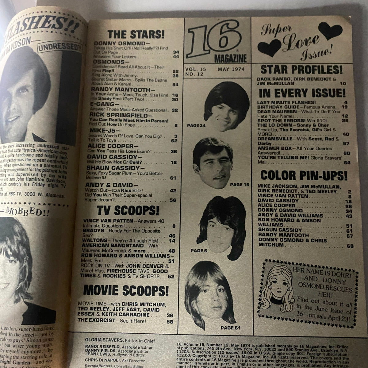 Inside page from VTG 16 Magazine May 1974 showcasing the table of contents and stars including Donny Osmond and Randy Mantooth.