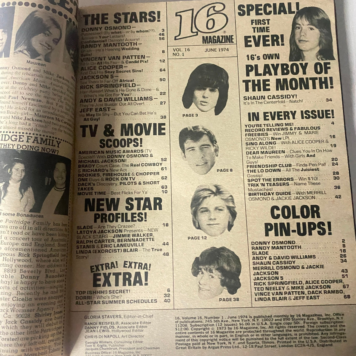Vintage 16 Magazine June 1974 Shaun Cassidy, David Osmond w Poster No Label