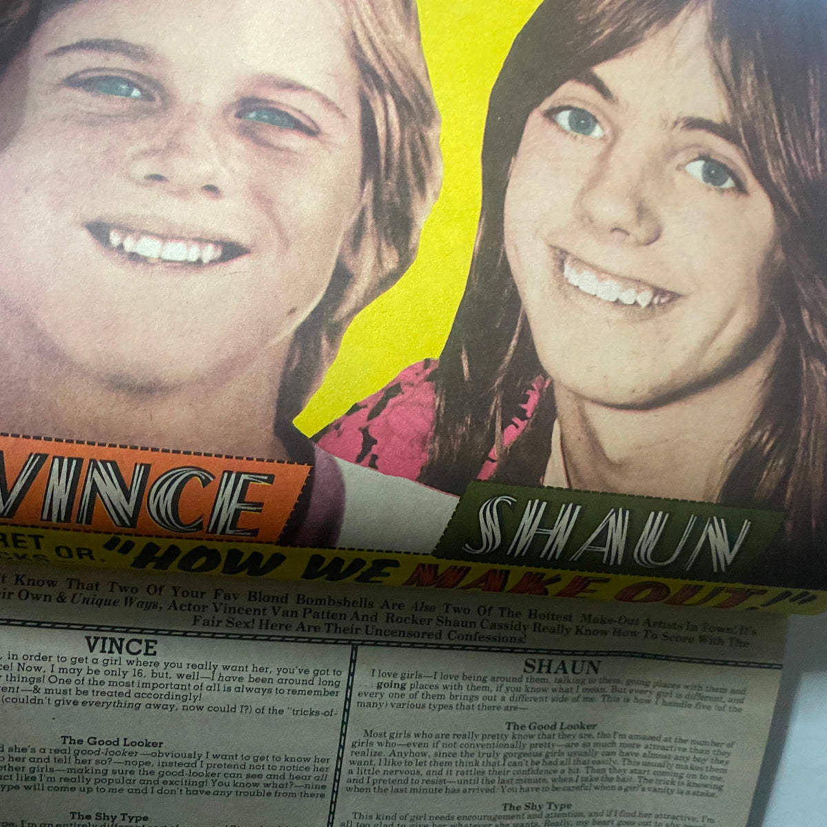 VTG 16 Magazine August 1974 featuring Shaun Cassidy and Vince Van Patten discussing their personalities and popularity, vibrant cover design with bold typography.