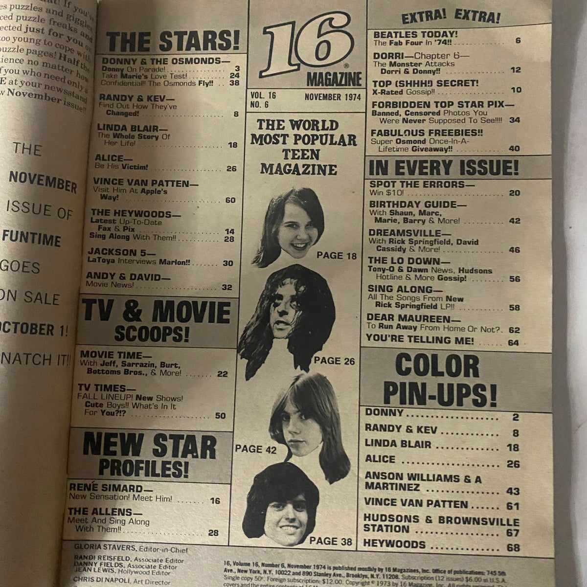 Table of contents from VTG 16 Magazine November 1974 displaying articles and features on Donny & The Osmonds, Linda Blair, and other popular figures of the era. It showcases the layout and highlights of this vintage publication.