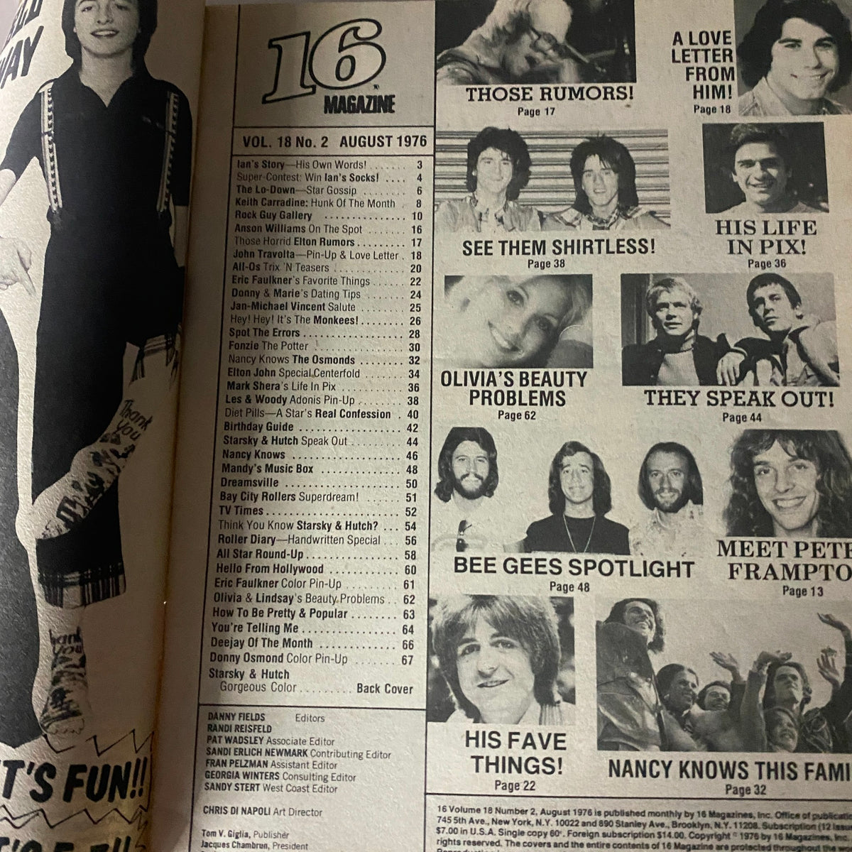 Inside page of VTG 16 Magazine, August 1976, displaying the table of contents with various articles, including features on Donny & Marie Osmond and other pop stars of the era.