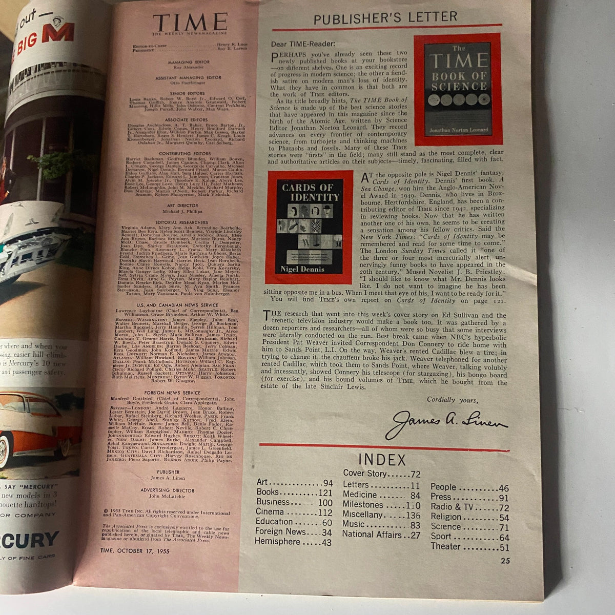Interior of the VTG Time Magazine October 17, 1955 Vol 66 No. 16, displaying the publisher's letter and index for the magazine's contents.