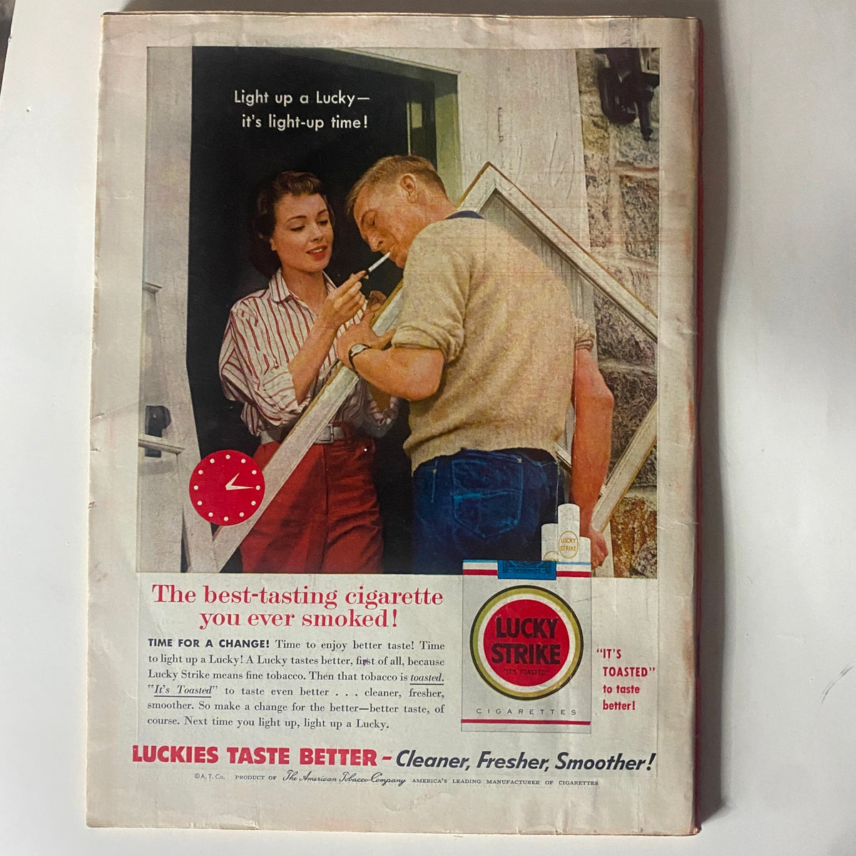 Back cover of the VTG Time Magazine October 17, 1955 Vol 66 No. 16, featuring a vintage advertisement for Lucky Strike cigarettes.