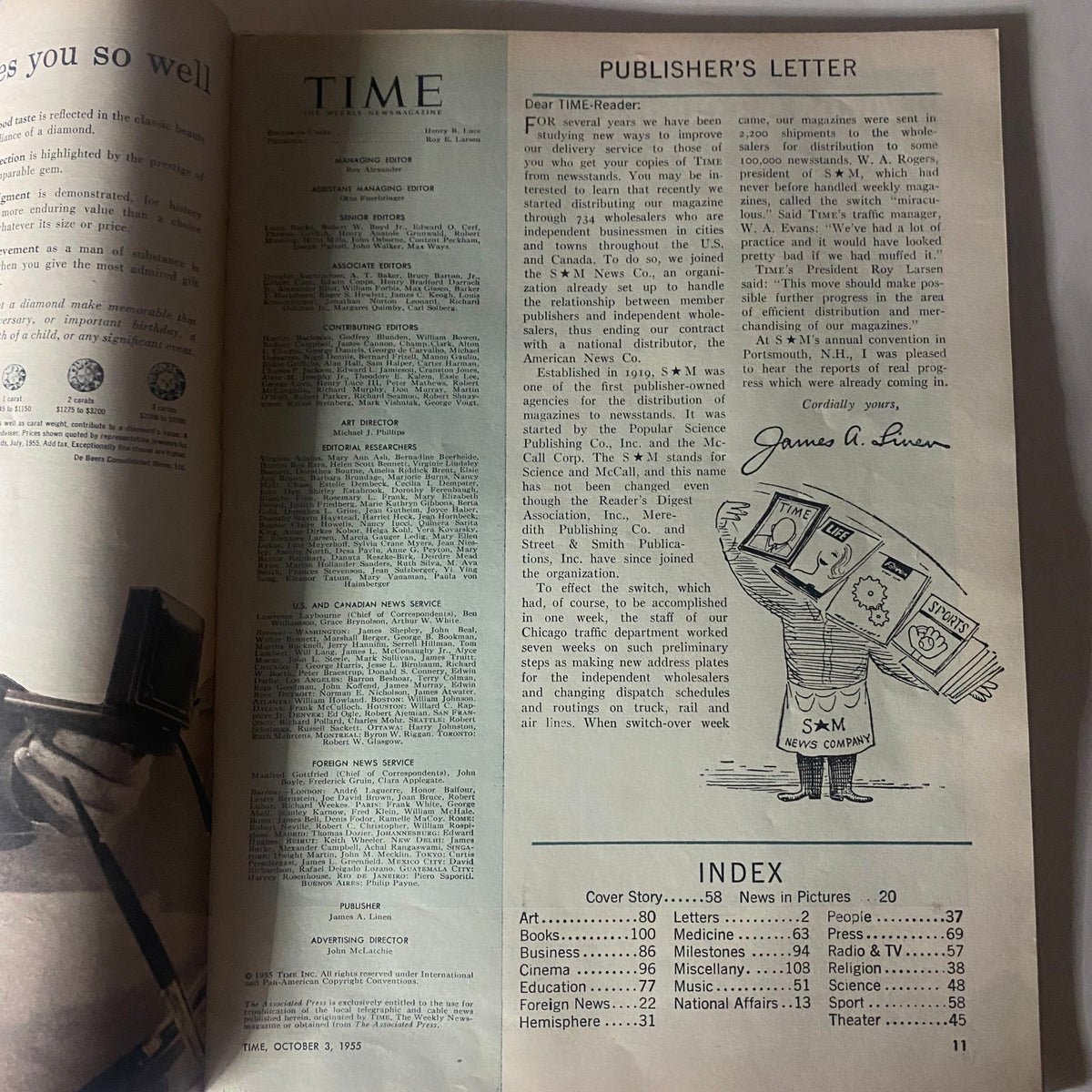 Inside page of the Vintage Time Magazine from October 3, 1955, displaying the Publisher's Letter and content index.