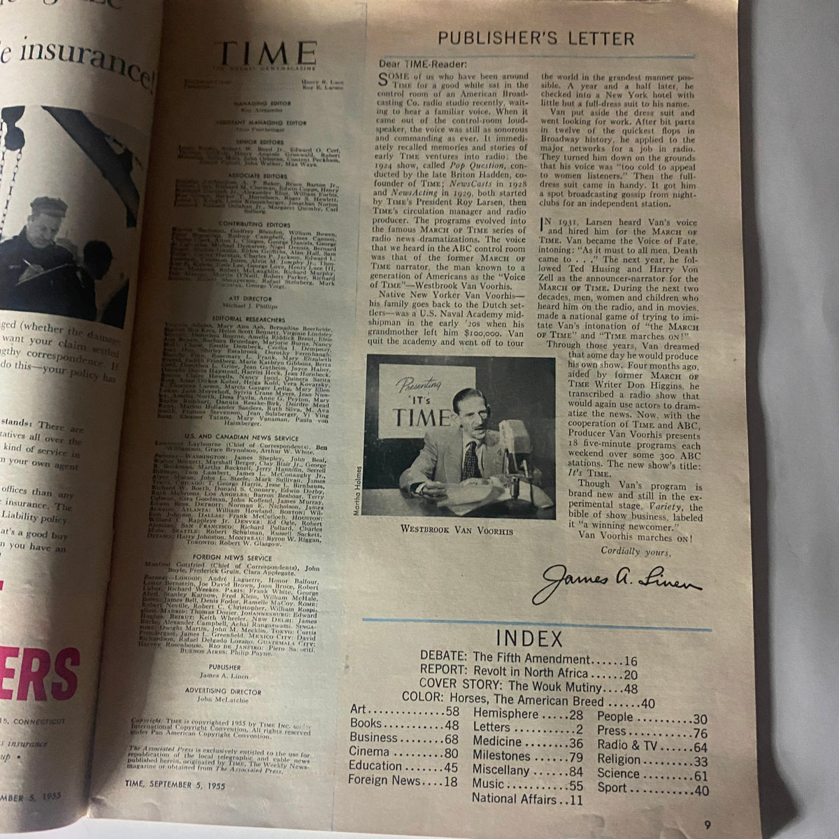 Interior page of VTG Time Magazine September 5, 1955, displaying the publisher's letter and an index of articles, reflecting the historical context and publications from that issue.