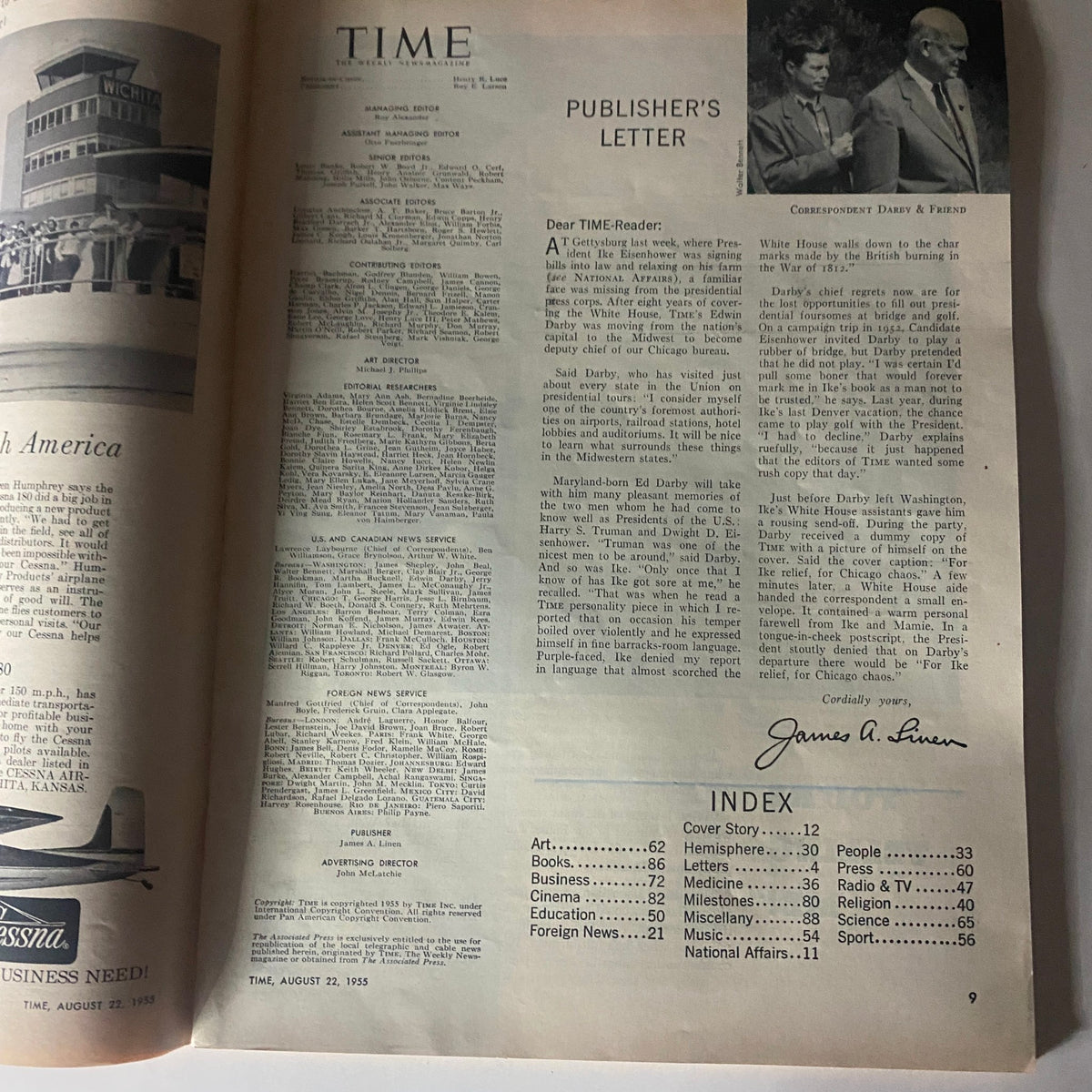 Inside page of VTG Time Magazine August 22, 1955, showcasing the publisher's letter and index, highlighting the magazine's features and contributions.