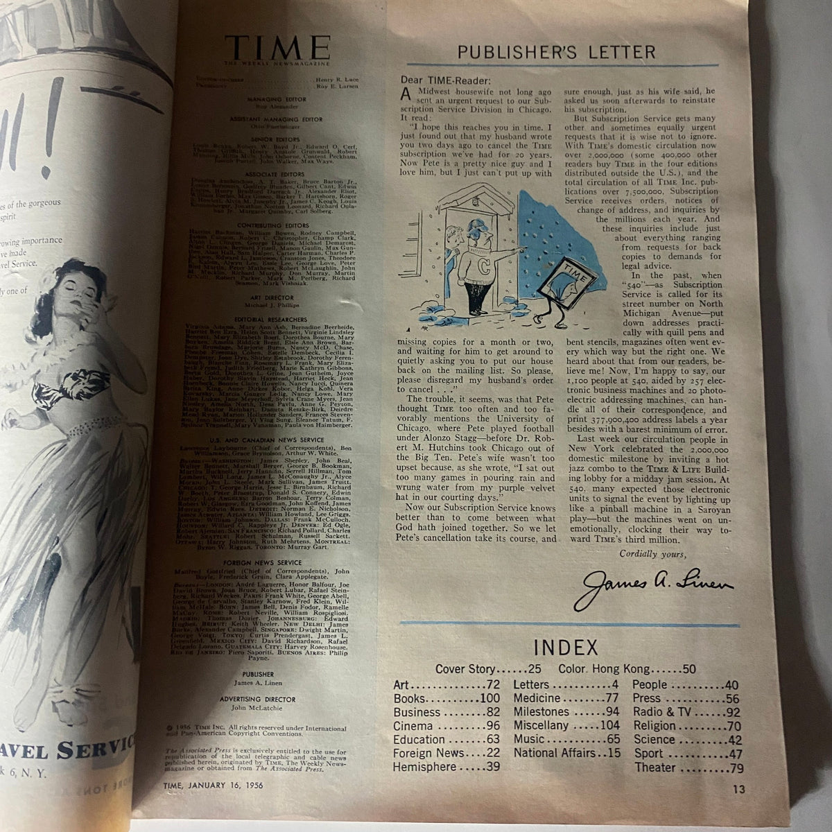 Inside page of VTG Time Magazine January 16, 1956, displaying the publisher's letter and index, highlighting the editorial structure and contents of this vintage issue.